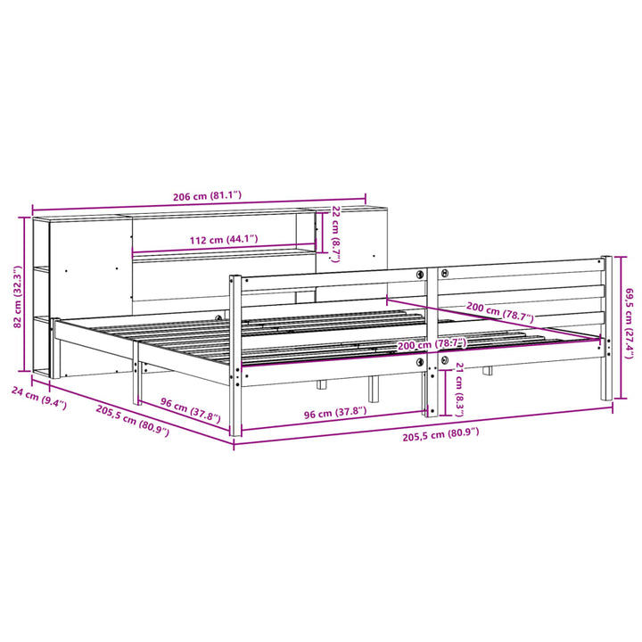 Säng Med Bokhylla Utan Madrass 200X200Cm Massiv Furu