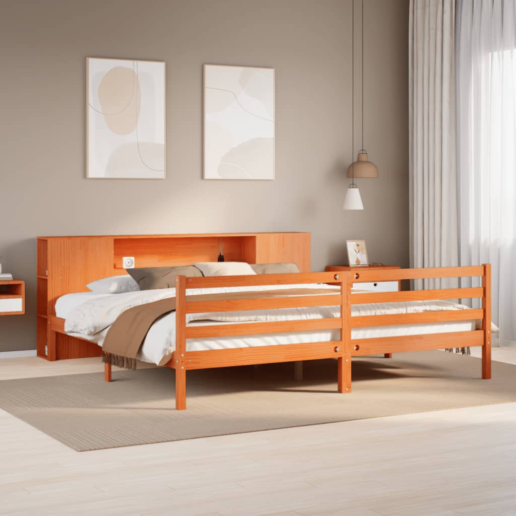 Säng Med Bokhylla Utan Madrass 200X200Cm Massiv Furu