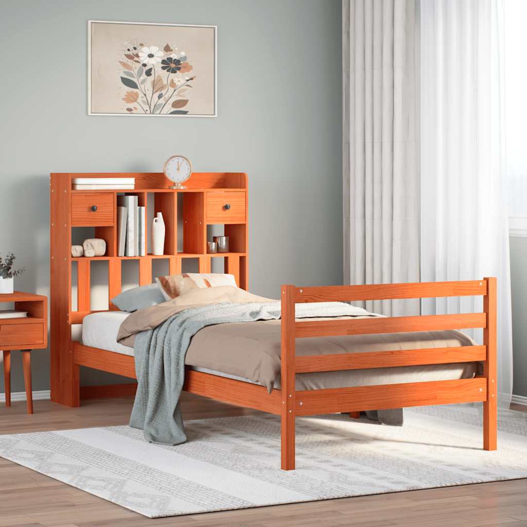 Säng Med Bokhylla Utan Madrass 150X200Cm Massiv Furu