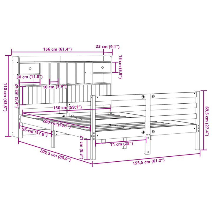 Säng Med Bokhylla Utan Madrass 150X200Cm Massiv Furu