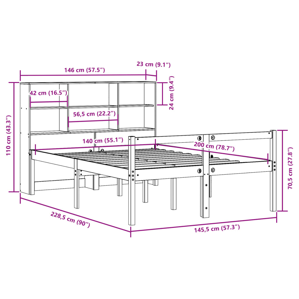 Säng Med Bokhylla Utan Madrass 140X200Cm Massiv Furu