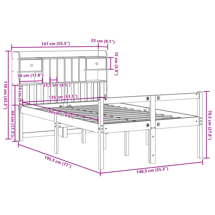 Säng Med Bokhylla Utan Madrass 135X190Cm Massiv Furu