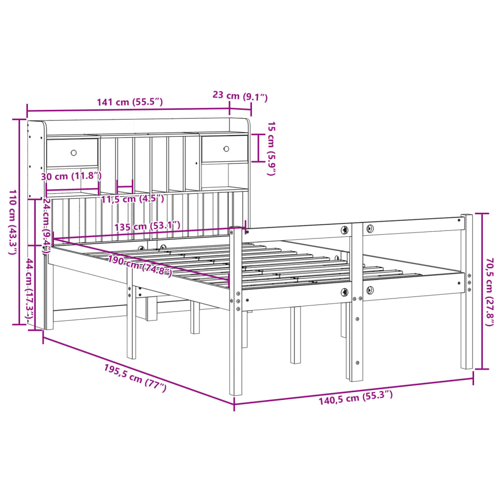 Säng Med Bokhylla Utan Madrass 135X190Cm Massiv Furu