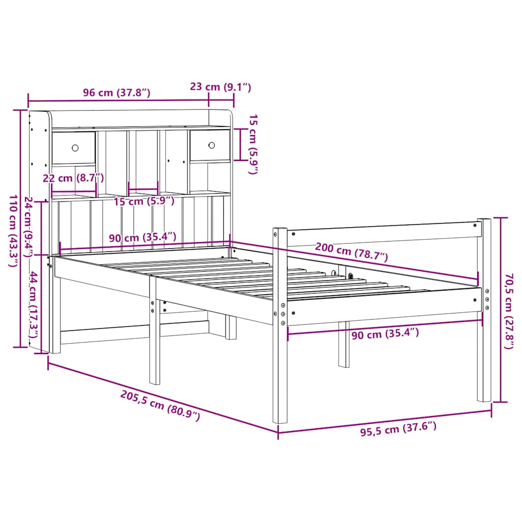 Säng Med Bokhylla Utan Madrass 90X200Cm Massiv Furu