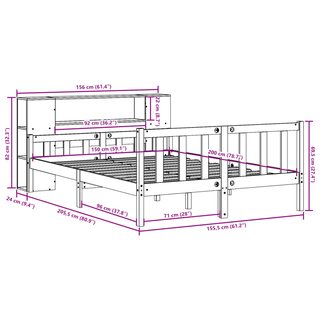 Säng Med Bokhylla Utan Madrass 150X200Cm Massiv Furu