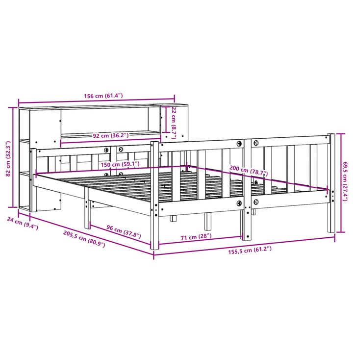 Säng Med Bokhylla Utan Madrass 150X200Cm Massiv Furu