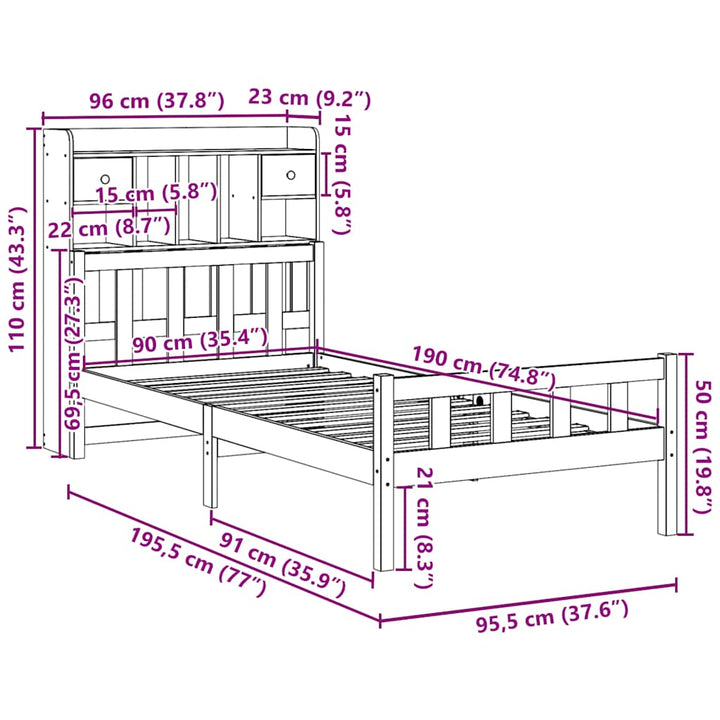 Säng Med Bokhylla Utan Madrass 90X190Cm Massiv Furu