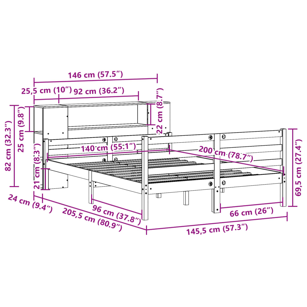 Säng Med Bokhylla Utan Madrass 140X200Cm Massiv Furu