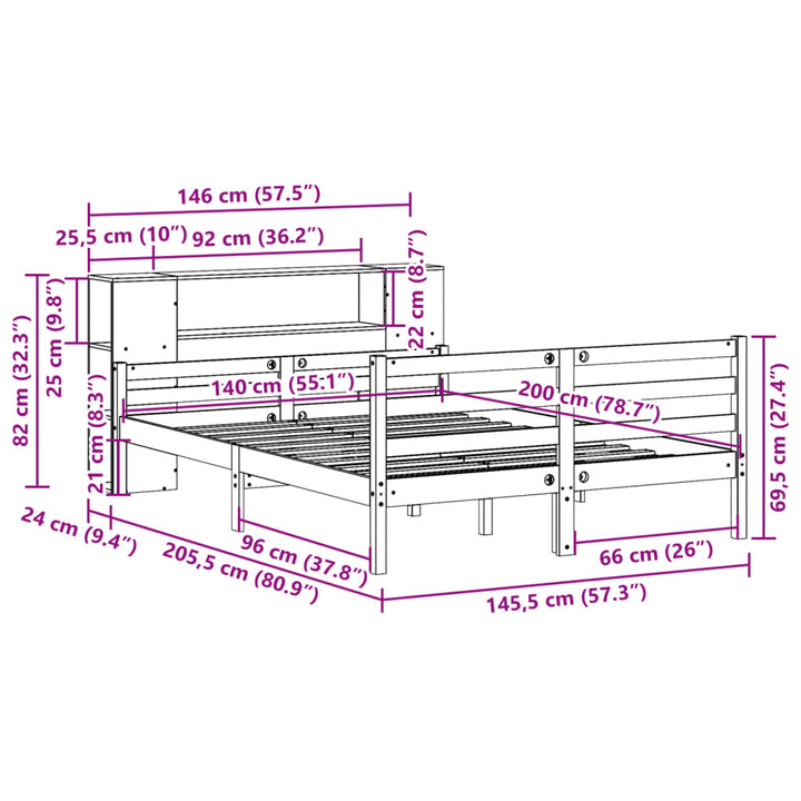 Säng Med Bokhylla Utan Madrass 140X200Cm Massiv Furu