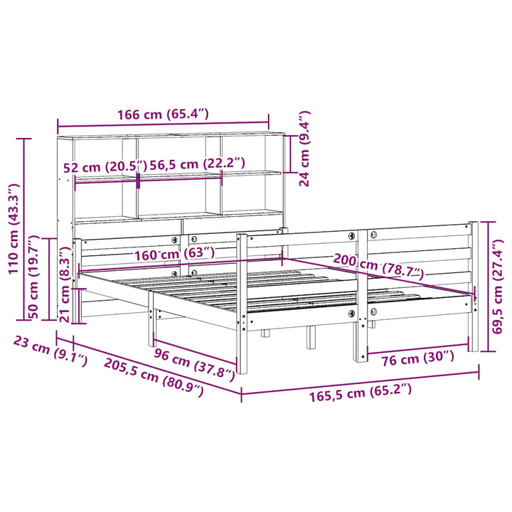 Säng Med Bokhylla Utan Madrass 160X200Cm Massiv Furu