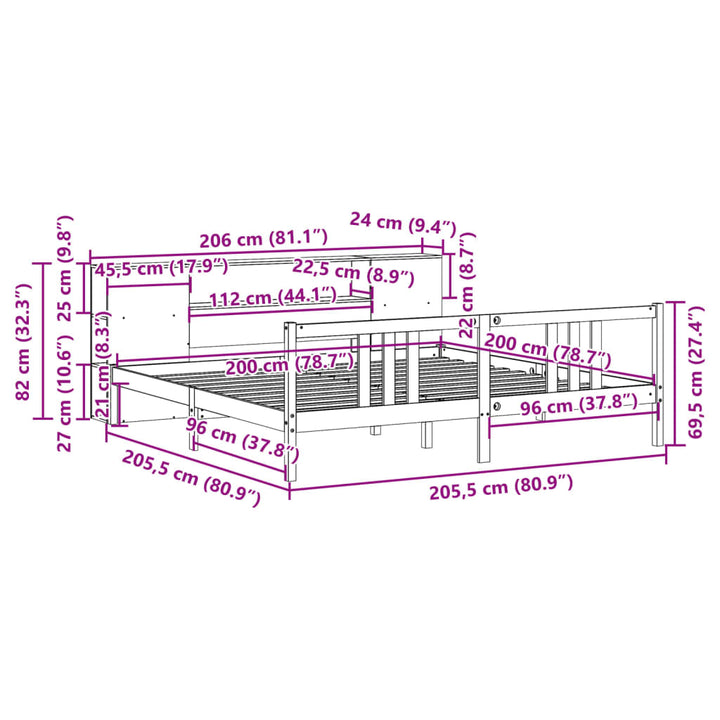 Säng Med Bokhylla Utan Madrass 200X200Cm Massiv Furu