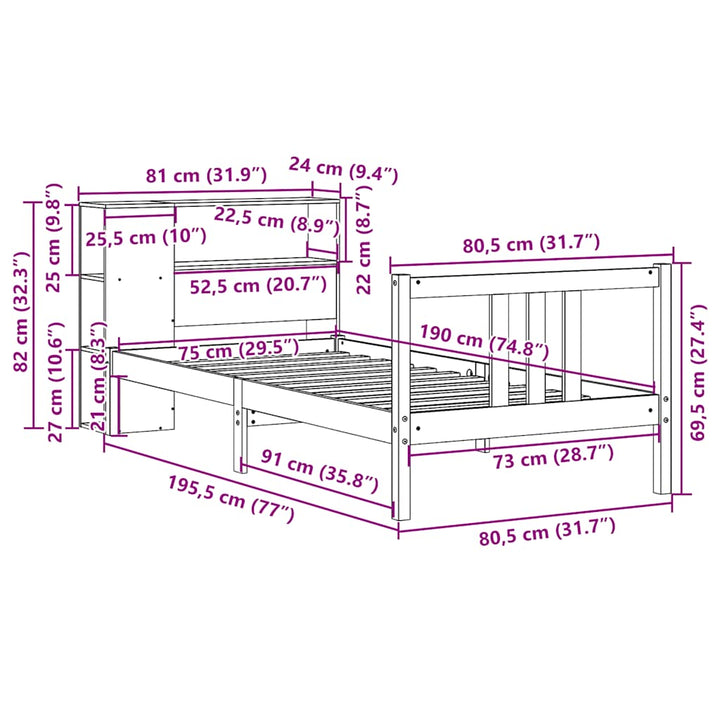 Säng Med Bokhylla Utan Madrass 75X190Cm Massiv Furu