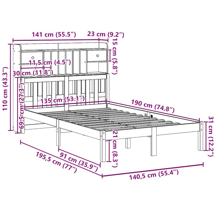 Säng Med Bokhylla Utan Madrass 135X190Cm Massiv Furu