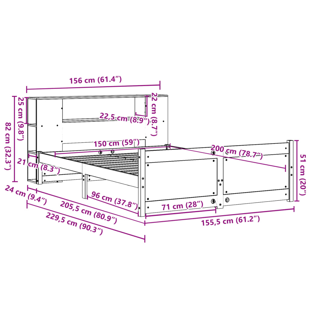 Säng Med Bokhylla Utan Madrass 150X200Cm Massiv Furu