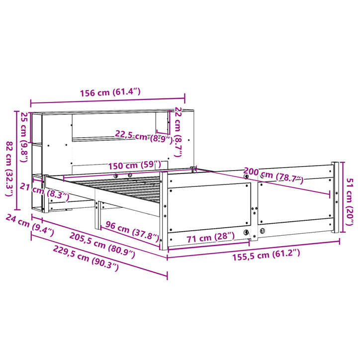 Säng Med Bokhylla Utan Madrass 150X200Cm Massiv Furu