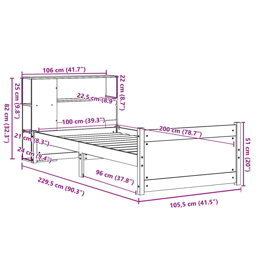 Säng Med Bokhylla Utan Madrass 100X200Cm Massiv Furu
