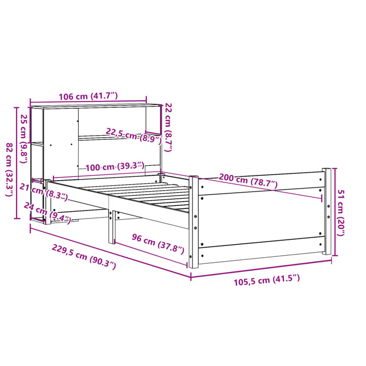 Säng Med Bokhylla Utan Madrass 100X200Cm Massiv Furu