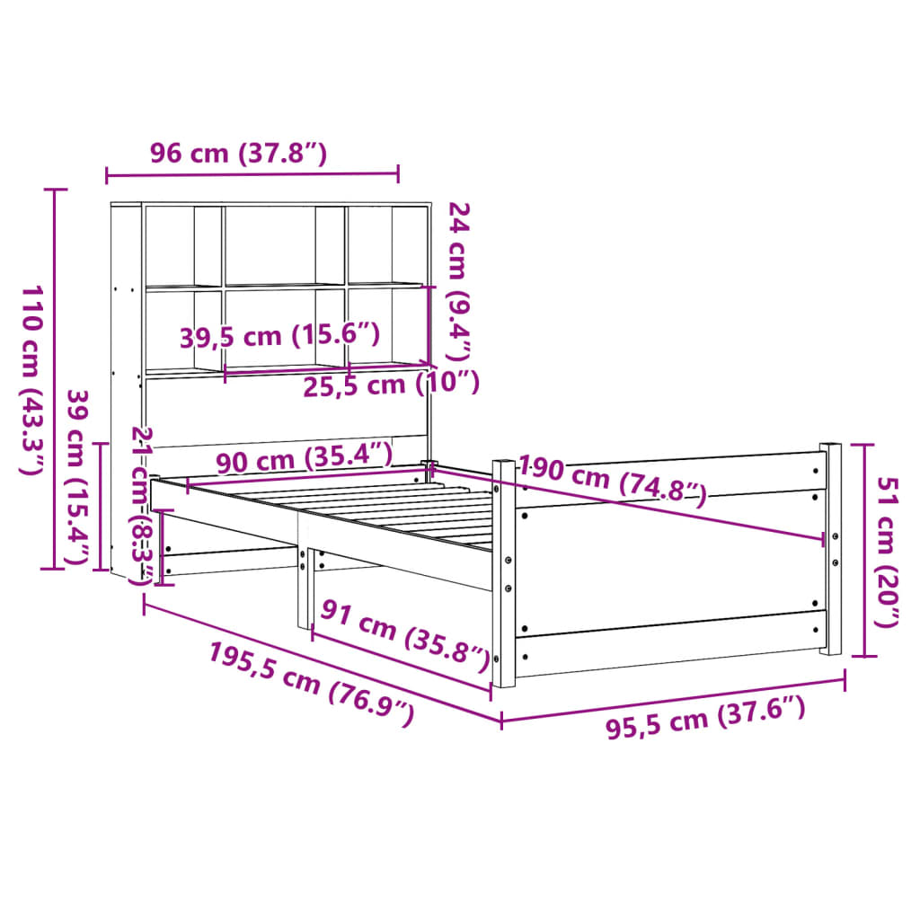 Säng Med Bokhylla Utan Madrass 90X190Cm Massiv Furu