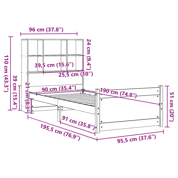 Säng Med Bokhylla Utan Madrass 90X190Cm Massiv Furu