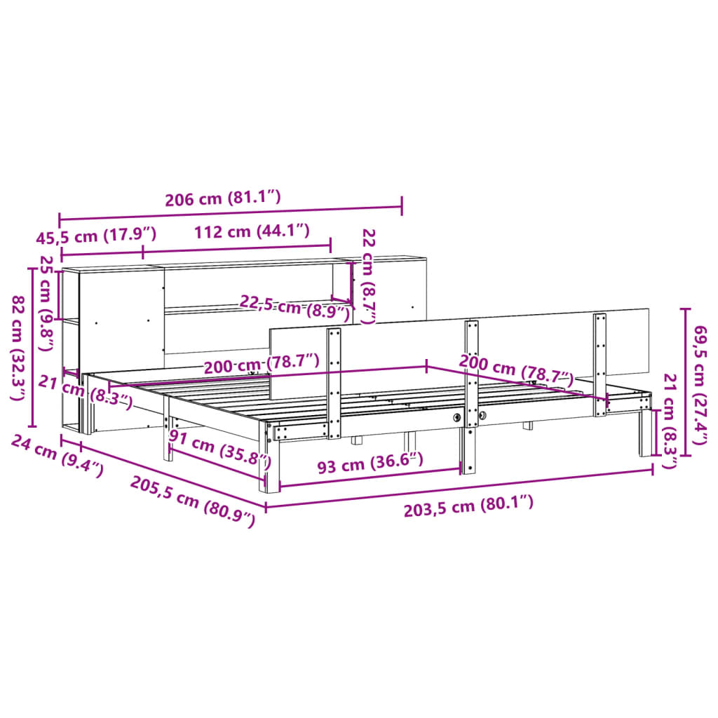 Säng Med Bokhylla Utan Madrass 200X200Cm Massiv Furu