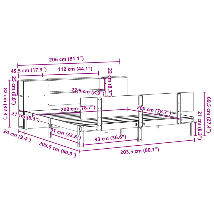 Säng Med Bokhylla Utan Madrass 200X200Cm Massiv Furu