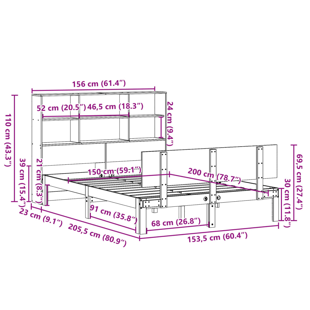 Säng Med Bokhylla Utan Madrass 150X200Cm Massiv Furu