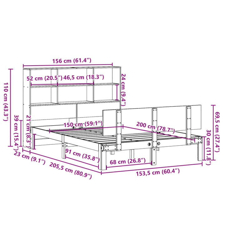 Säng Med Bokhylla Utan Madrass 150X200Cm Massiv Furu