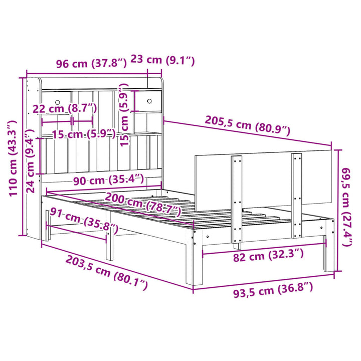 Säng Med Bokhylla Utan Madrass 90X200Cm Massiv Furu