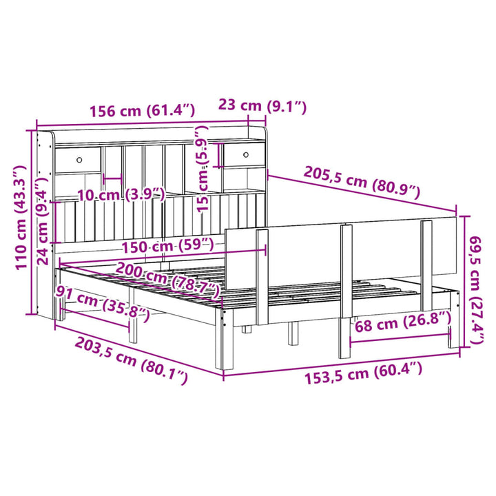 Säng Med Bokhylla Utan Madrass 150X200Cm Massiv Furu