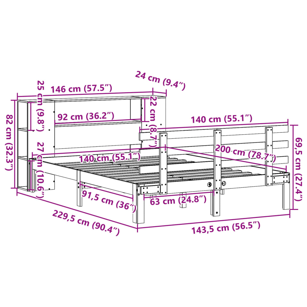 Säng Med Bokhylla Utan Madrass 140X200Cm Massiv Furu