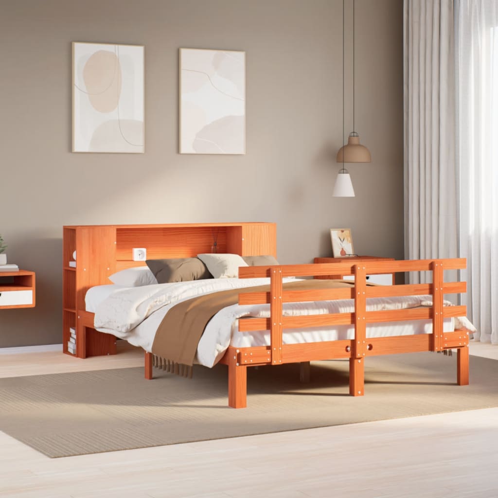 Säng Med Bokhylla Utan Madrass 140X200Cm Massiv Furu
