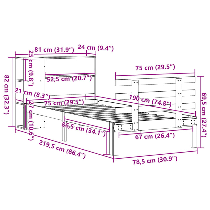 Säng Med Bokhylla Utan Madrass 75X190Cm Massiv Furu
