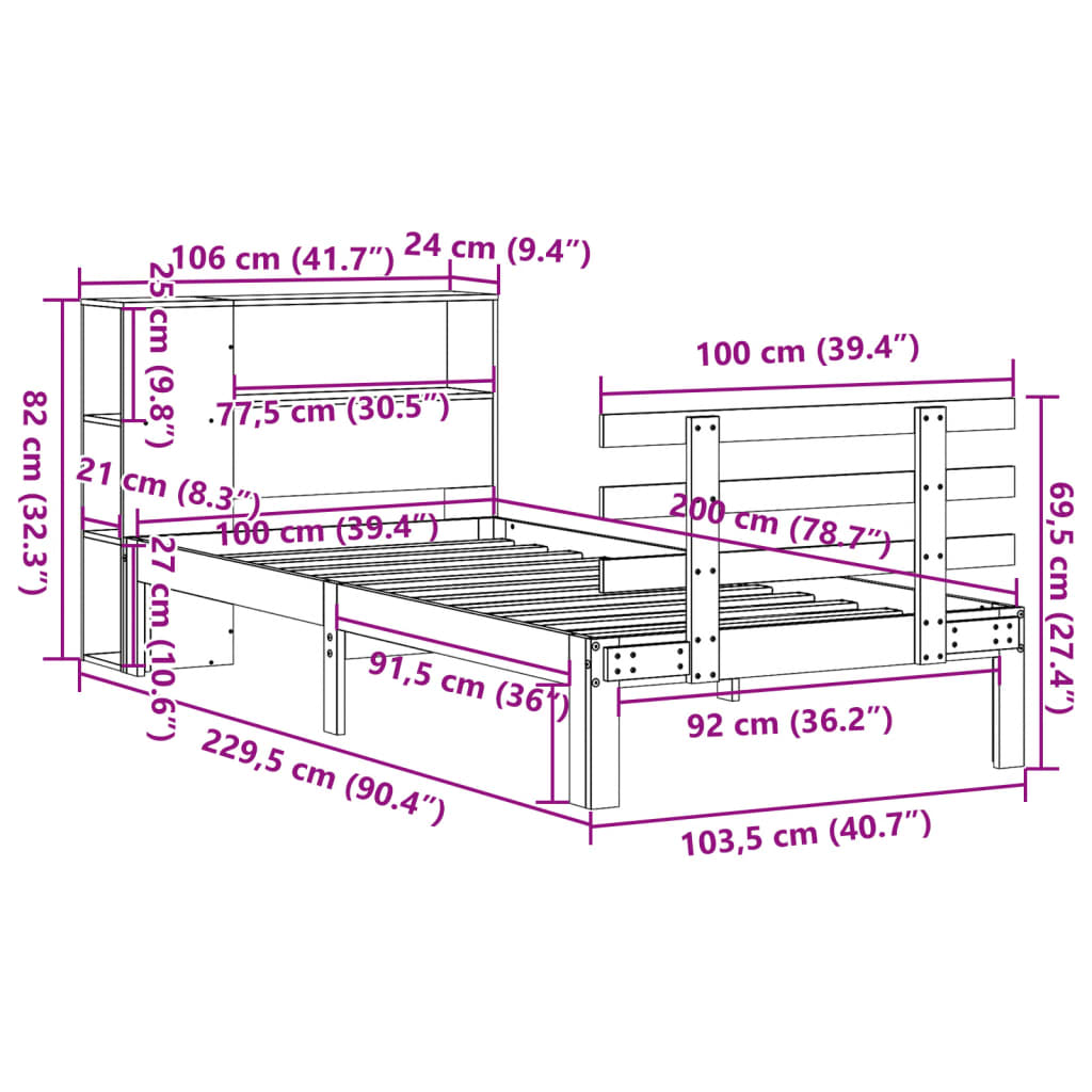 Säng Med Bokhylla Utan Madrass 100X200Cm Massiv Furu