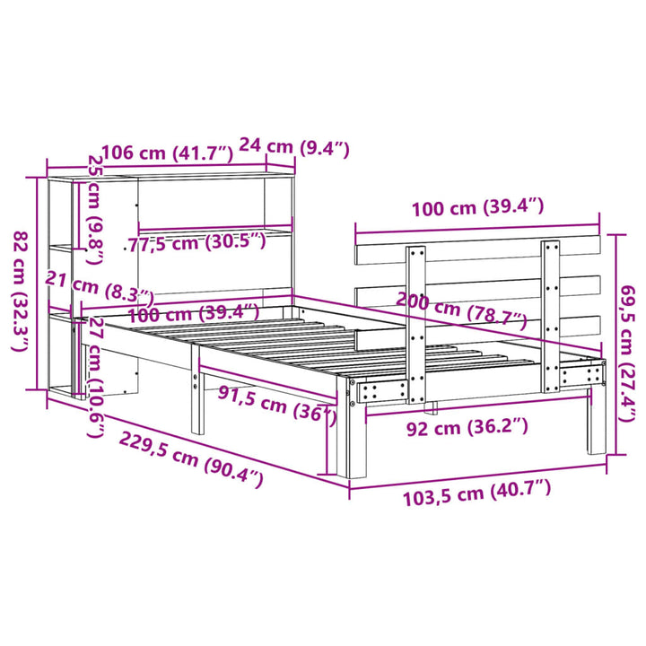 Säng Med Bokhylla Utan Madrass 100X200Cm Massiv Furu