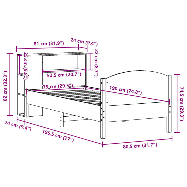 Säng Med Bokhylla Utan Madrass 75X190Cm Massiv Furu