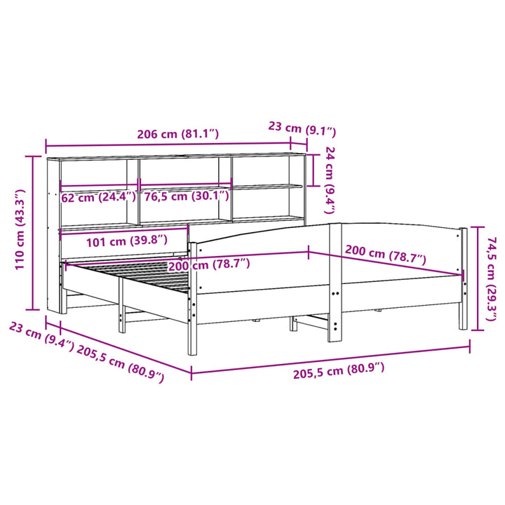 Säng Med Bokhylla Utan Madrass 200X200Cm Massiv Furu