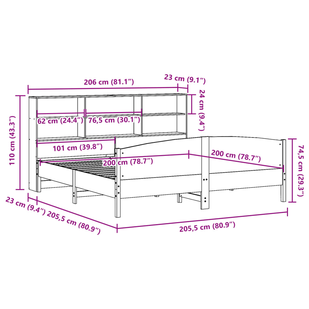 Säng Med Bokhylla Utan Madrass 200X200Cm Massiv Furu