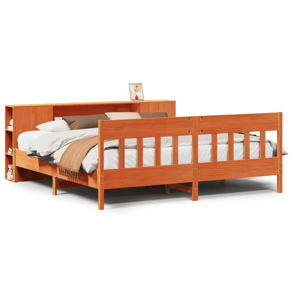 Säng Med Bokhylla Utan Madrass 200X200Cm Massiv Furu