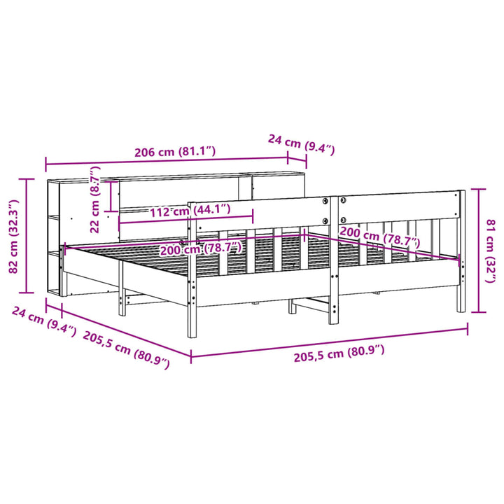 Säng Med Bokhylla Utan Madrass 200X200Cm Massiv Furu