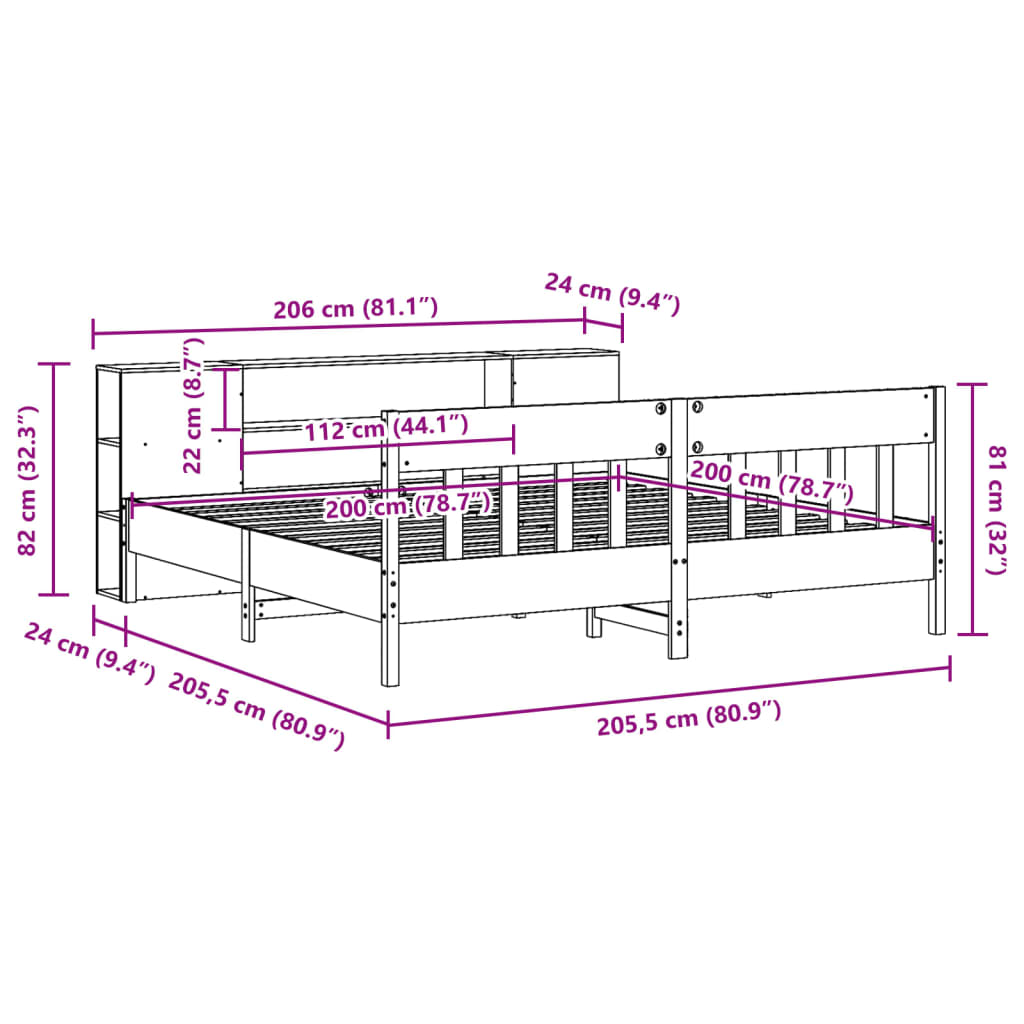 Säng Med Bokhylla Utan Madrass 200X200Cm Massiv Furu
