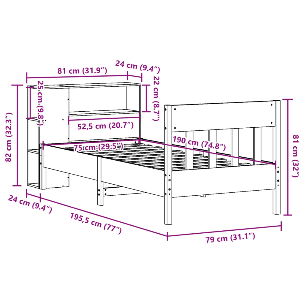 Säng Med Bokhylla Utan Madrass 75X190Cm Massiv Furu