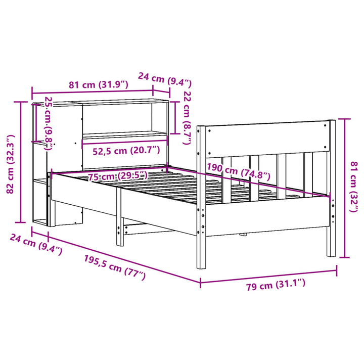 Säng Med Bokhylla Utan Madrass 75X190Cm Massiv Furu