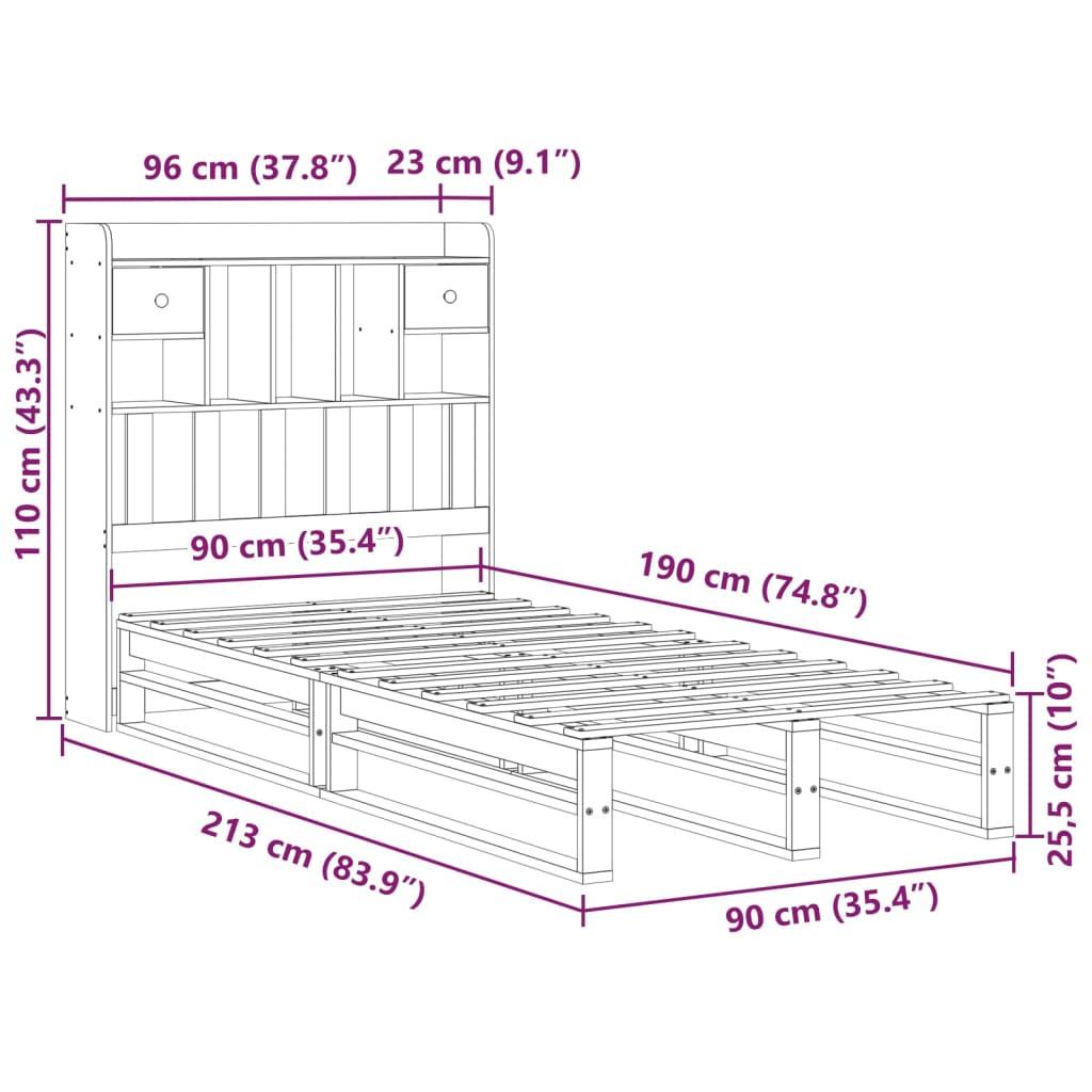 Säng Med Bokhylla Utan Madrass 90X190Cm Massiv Furu