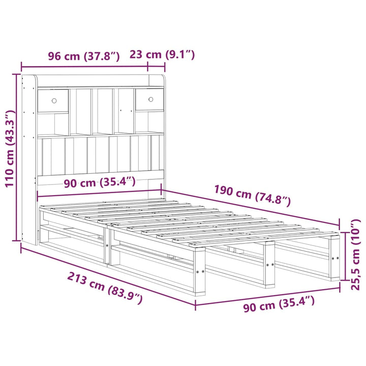 Säng Med Bokhylla Utan Madrass 90X190Cm Massiv Furu