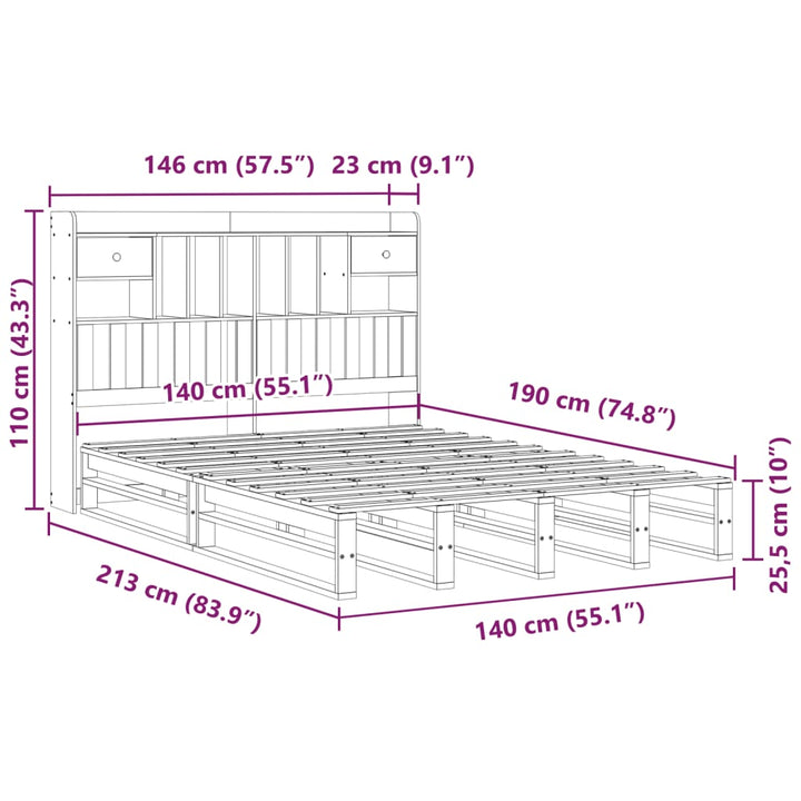 Säng Med Bokhylla Utan Madrass 140X190Cm Massiv Furu