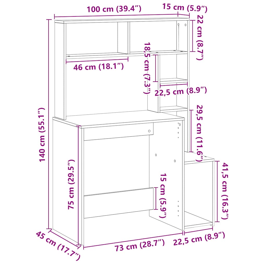 Skrivbord Med Hyllor 100X45X140 Cm Konstruerat Trä