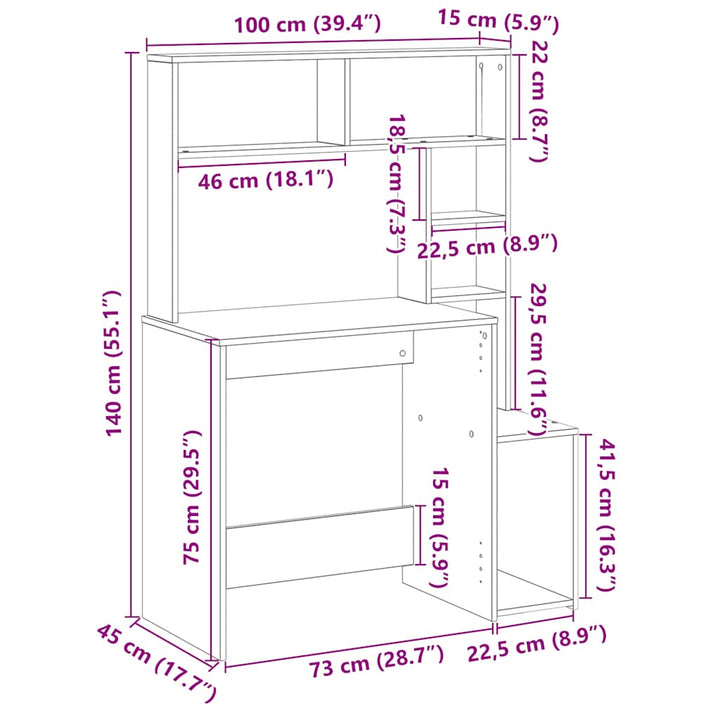 Skrivbord Med Hyllor 100X45X140 Cm Konstruerat Trä