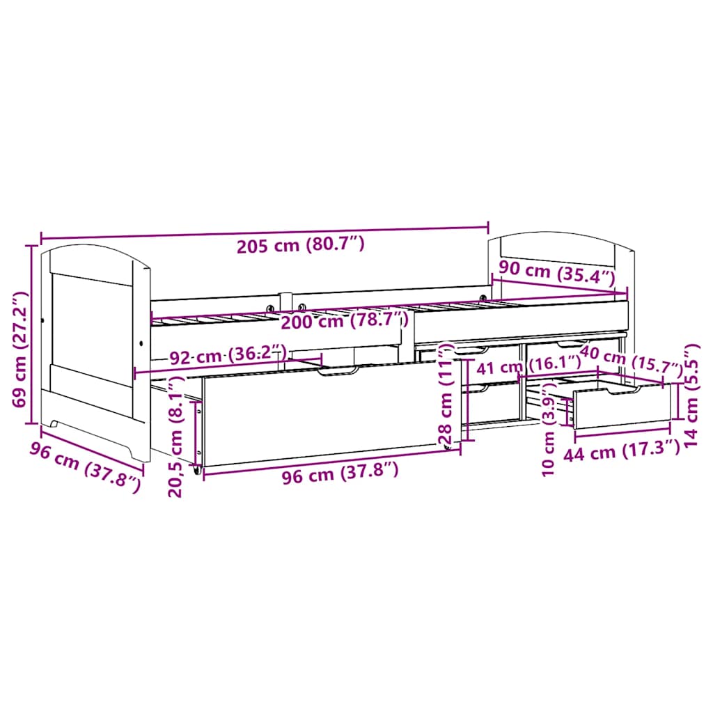 Dagbädd Med 5 Lådor Utan Madrass Irun Vit&amp;Rosa 90X200 Cm