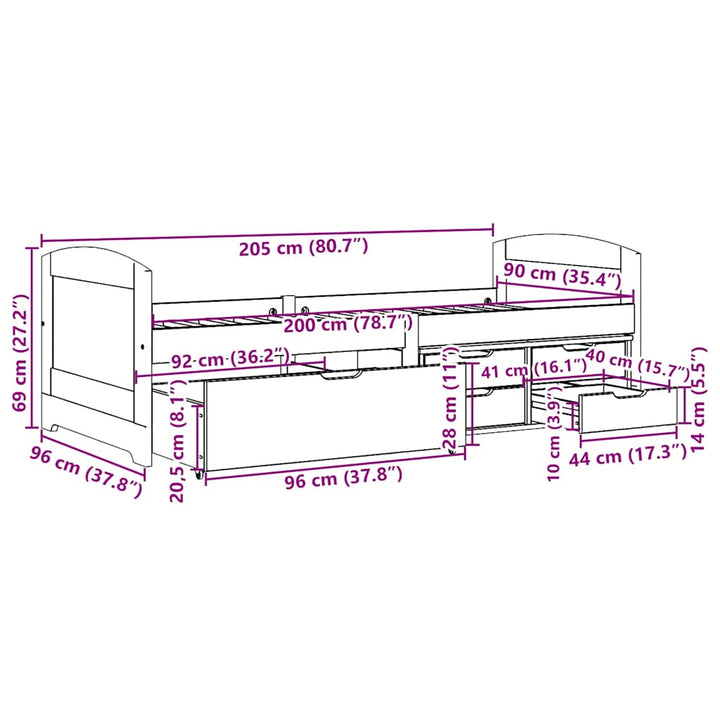 Dagbädd Med 5 Lådor Utan Madrass Irun Vit&amp;Rosa 90X200 Cm