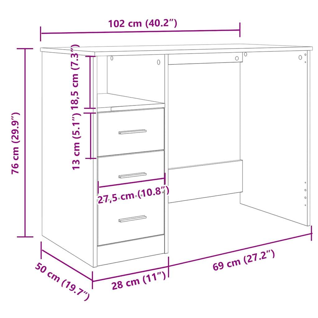 Skrivbord Med Lådor 102X50X76 Cm Konstruerat Trä